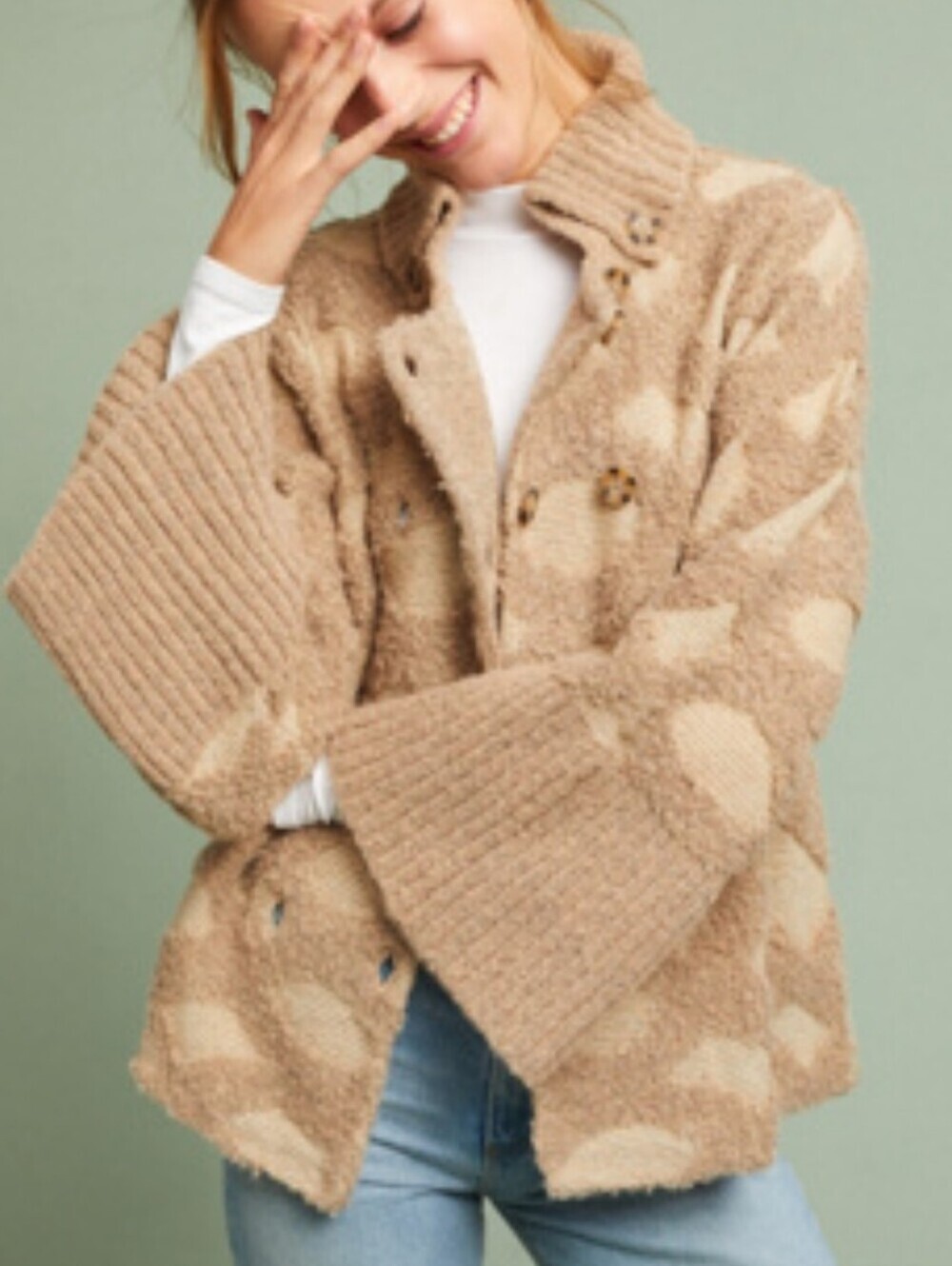 Anthropologie Cozy Textured Bell-Sleeve Cardigan in Warm Beige